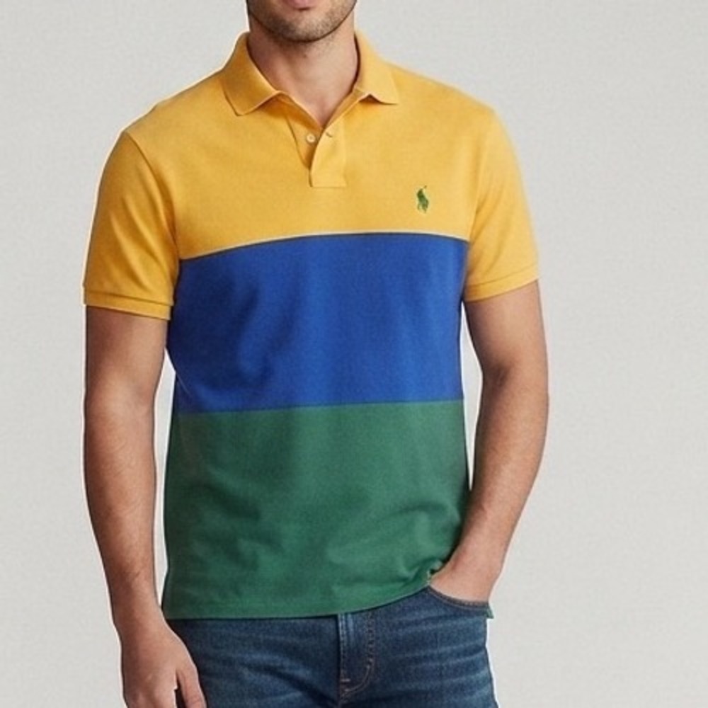 Polo Ralph Lauren Mens Colorblock Polo Shirt Yellow Blue Green Large